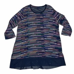 WESTBOUND Black Rainbow Striped Long Sleeve Sheer Trim Tunic Blouse
